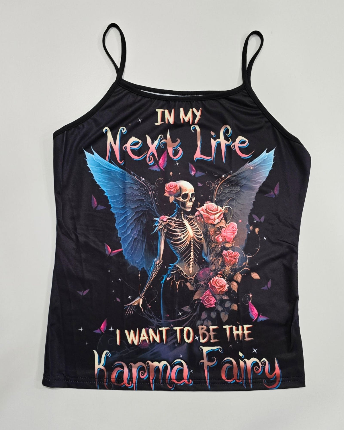 Karma Fairy Skull Angel Wings Double Sided Cami Top Goth Festival Shirt L New