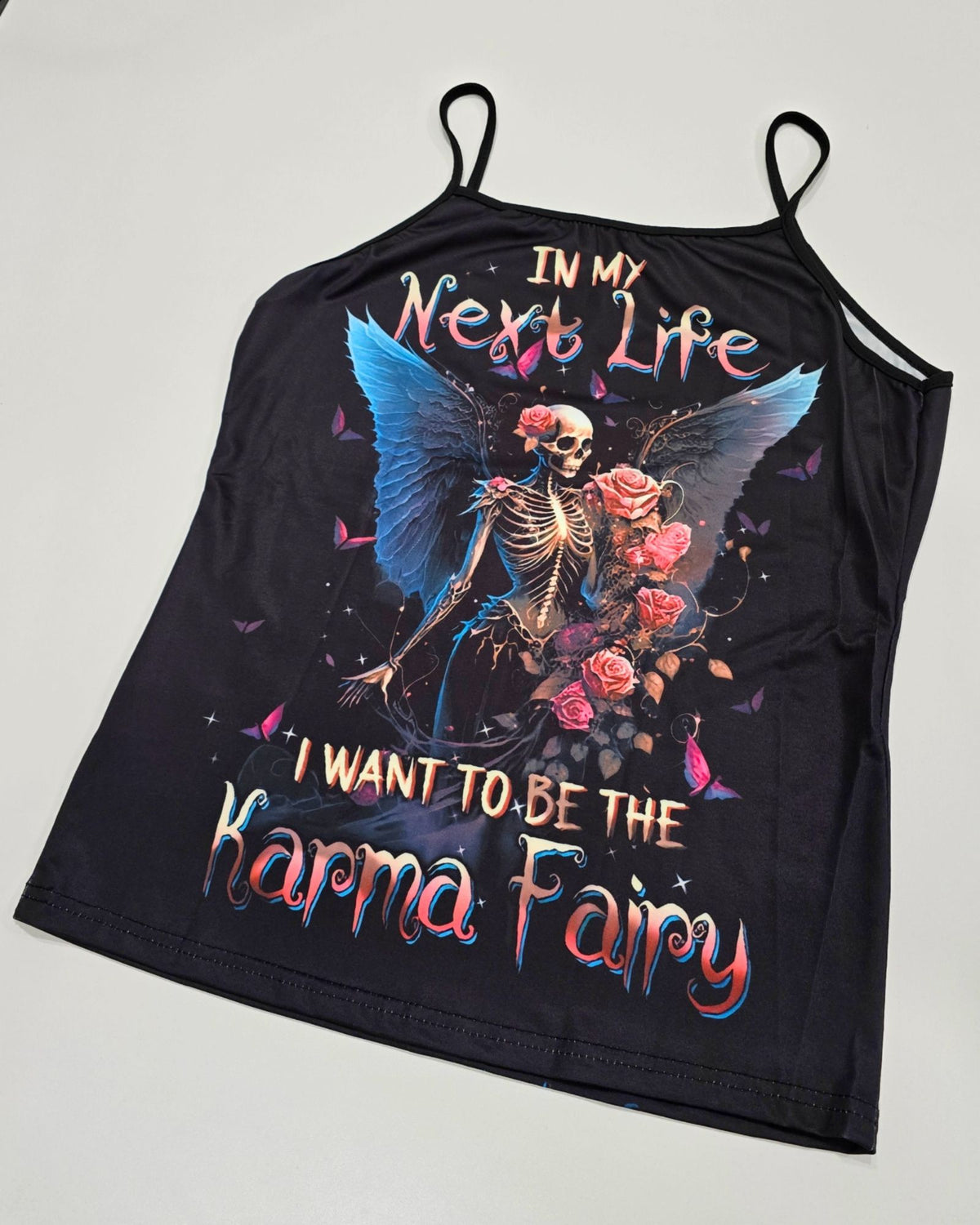 Karma Fairy Skull Angel Wings Double Sided Cami Top Goth Festival Shirt L New