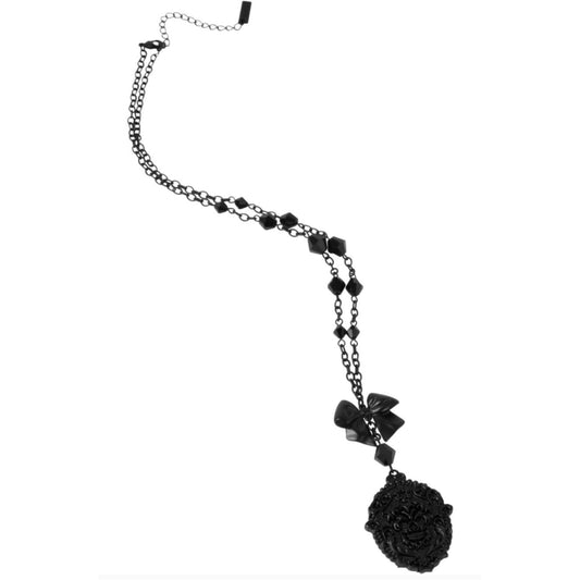 Madame Morte Black & Silver Coffin Pendant Necklace w/ Skull & Rose