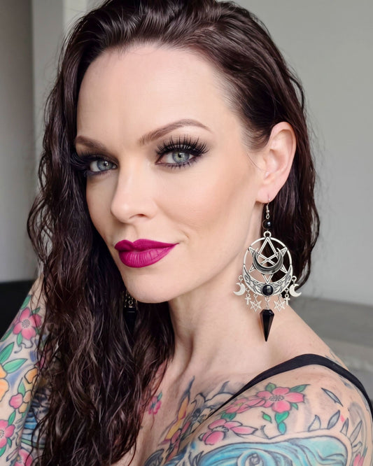 Killstar Lucid Black Gothic Pentagram Crescent Moon Crystal Chandelier Earrings