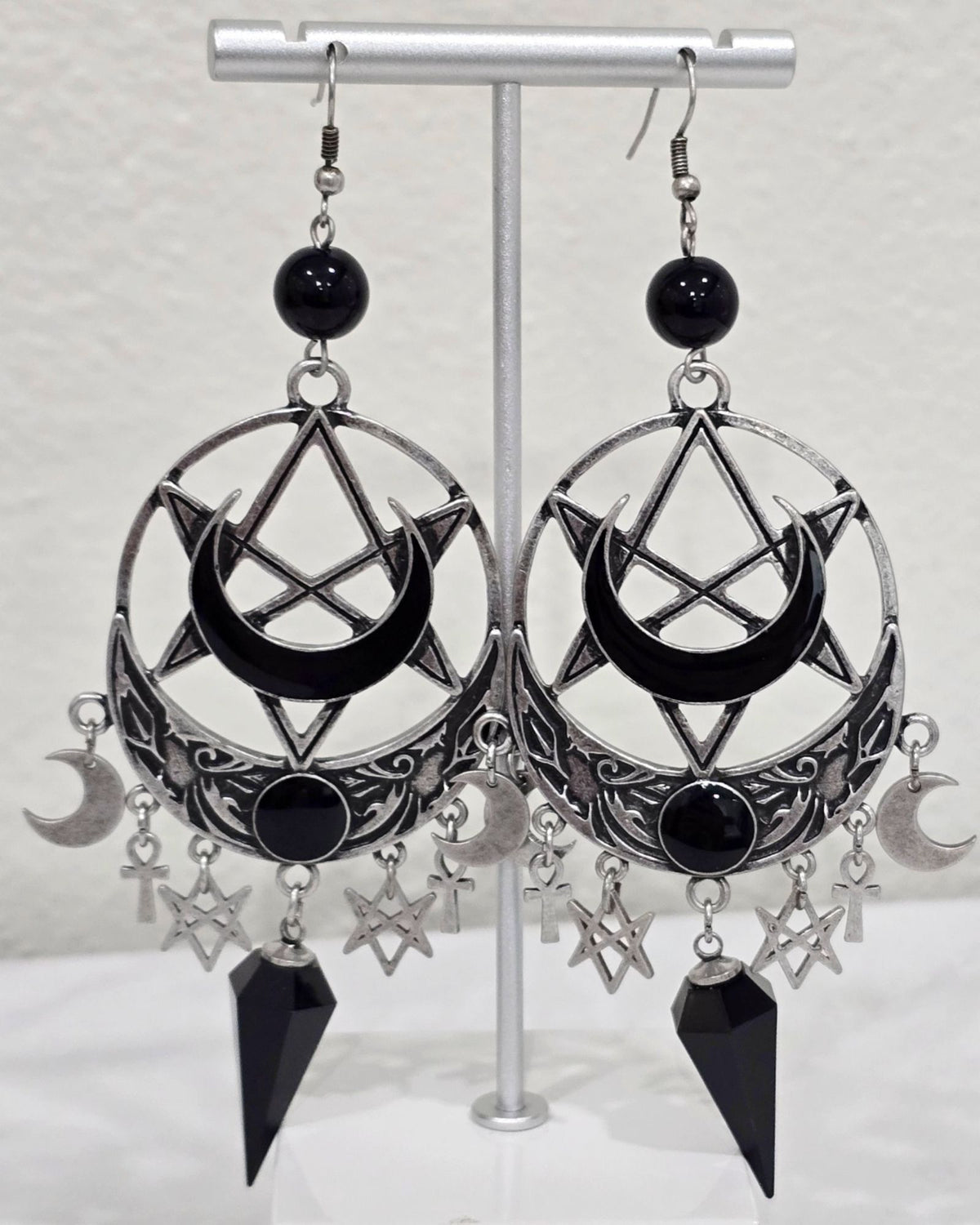 Killstar Lucid Black Gothic Pentagram Crescent Moon Crystal Chandelier Earrings