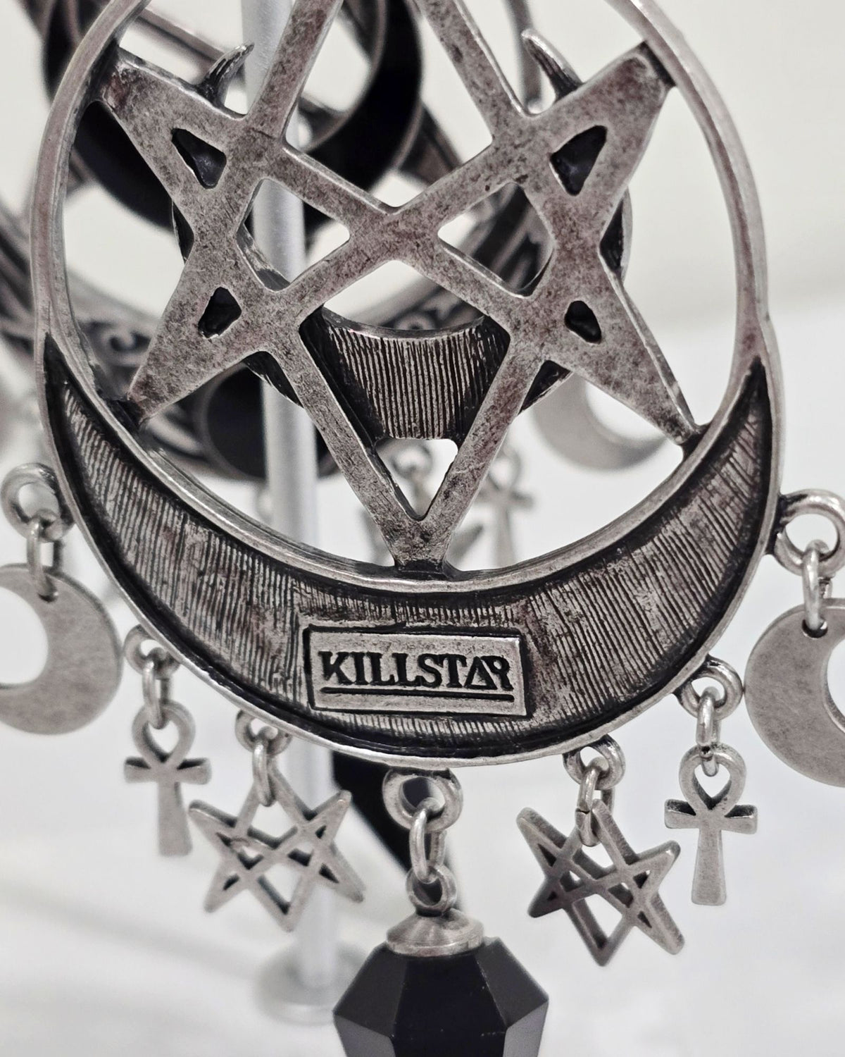 Killstar Lucid Black Gothic Pentagram Crescent Moon Crystal Chandelier Earrings