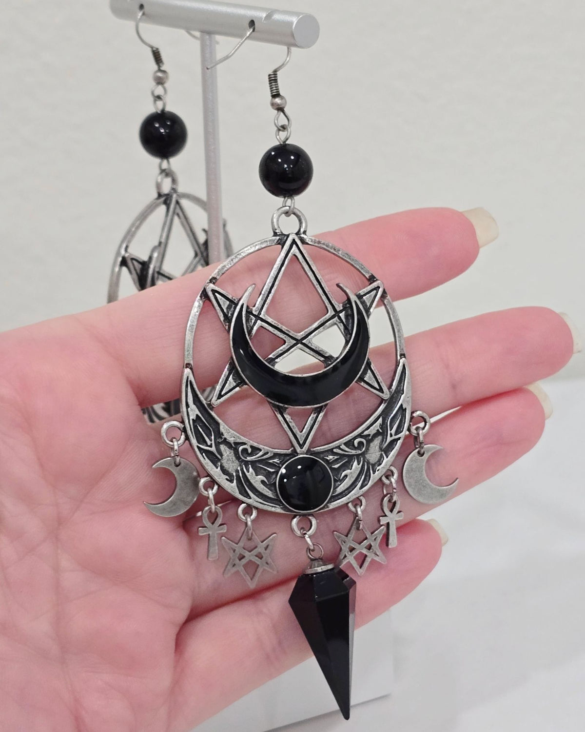 Killstar Lucid Black Gothic Pentagram Crescent Moon Crystal Chandelier Earrings
