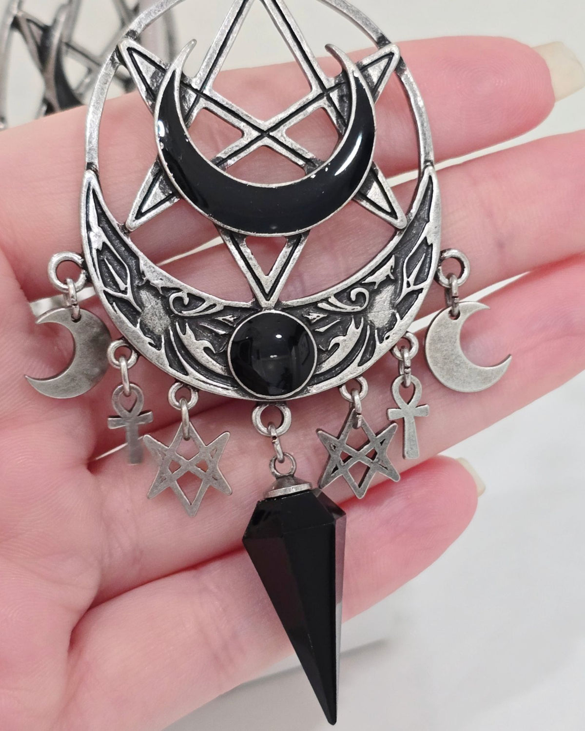 Killstar Lucid Black Gothic Pentagram Crescent Moon Crystal Chandelier Earrings