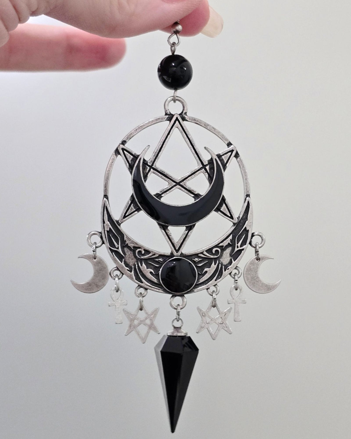 Killstar Lucid Black Gothic Pentagram Crescent Moon Crystal Chandelier Earrings