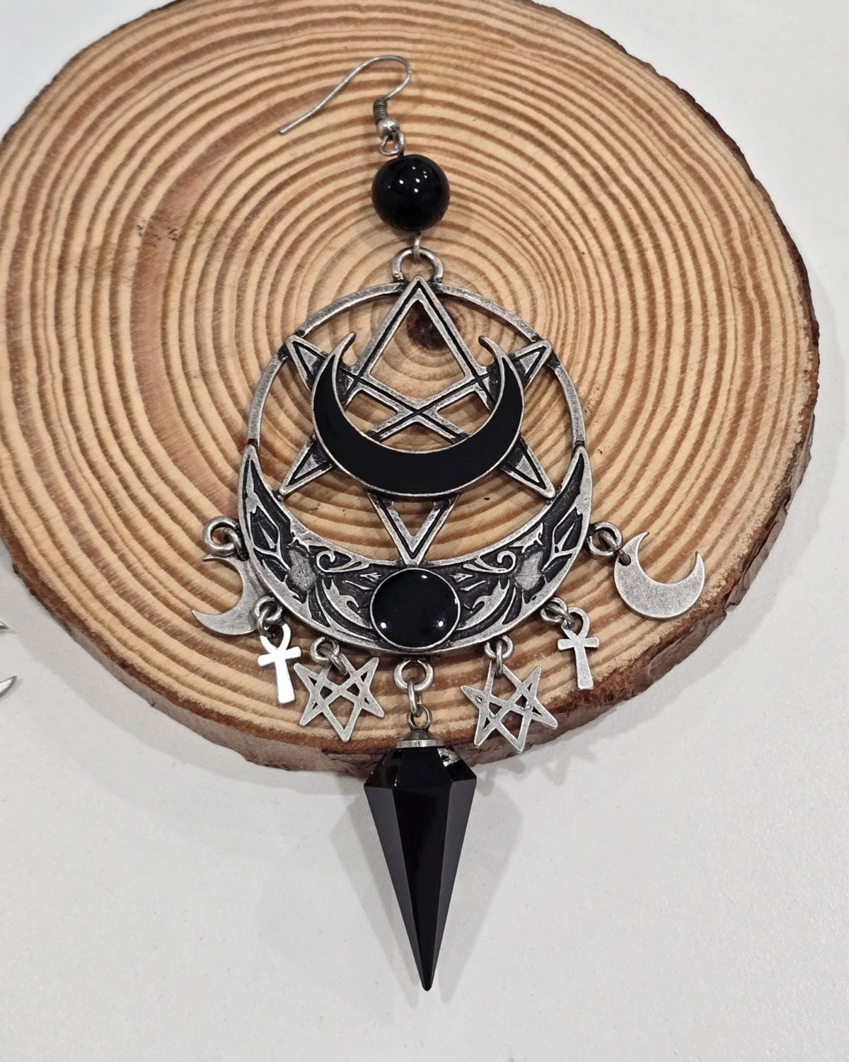 Killstar Lucid Black Gothic Pentagram Crescent Moon Crystal Chandelier Earrings