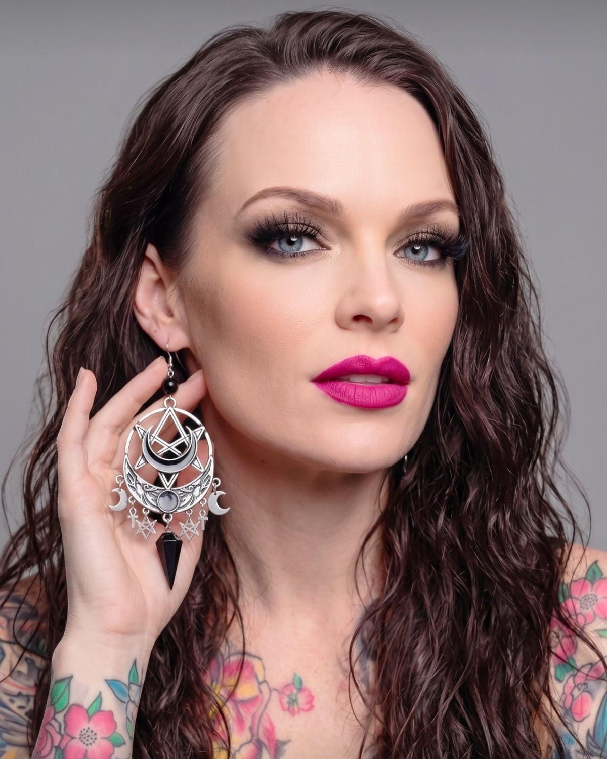 Killstar Lucid Black Gothic Pentagram Crescent Moon Crystal Chandelier Earrings