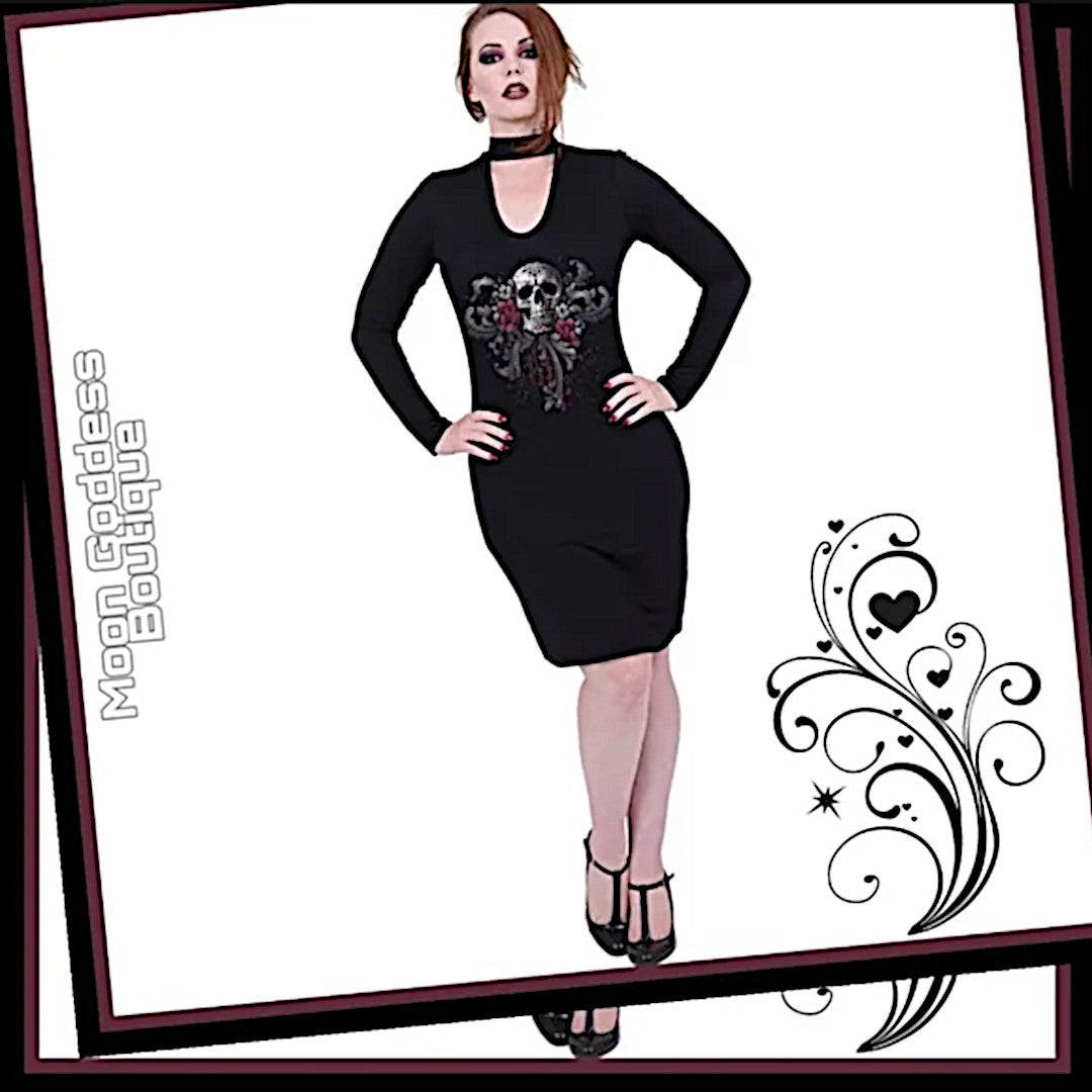 Skull Roses Dress | Scoop Neck Attached Choker Black Red Dress - Spiral Direct - Dresses
