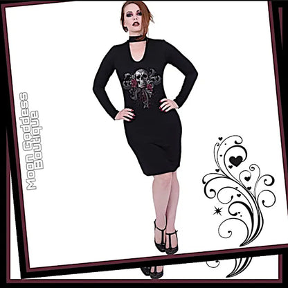Skull Roses Dress | Scoop Neck Attached Choker Black Red Dress - Spiral Direct - Dresses
