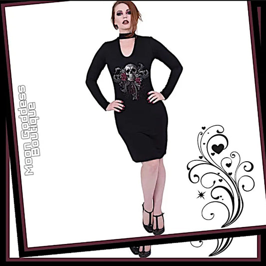 Skull Roses Dress | Scoop Neck Attached Choker Black Red Dress - Spiral Direct - Dresses