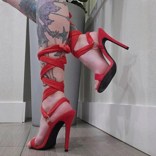 Red Suede Stiletto Heels with Wraparound Straps & Gold O-Rings