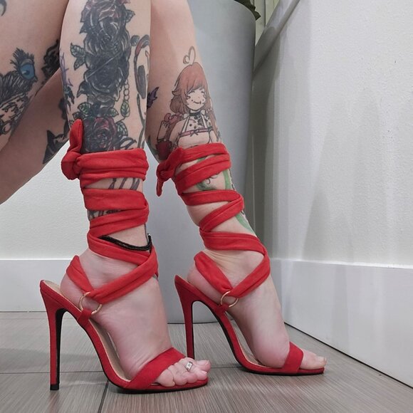 Red Suede Stiletto Heels with Wraparound Straps & Gold O-Rings