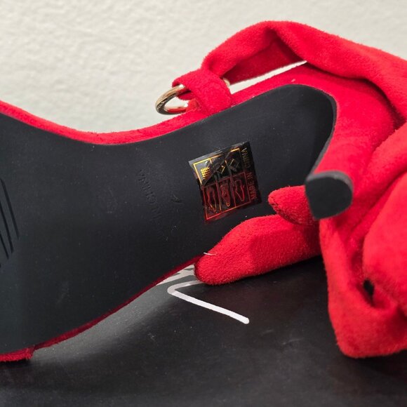 Red Suede Stiletto Heels with Wraparound Straps & Gold O-Rings