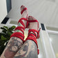 Red Suede Stiletto Heels with Wraparound Straps & Gold O-Rings