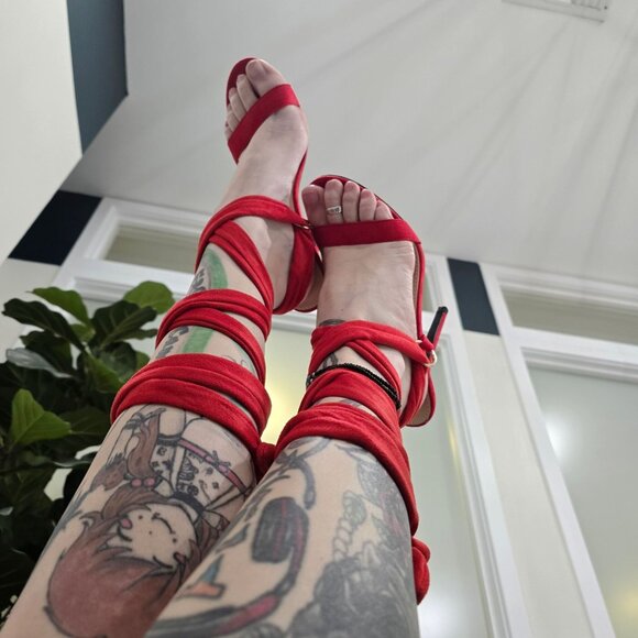 Red Suede Stiletto Heels with Wraparound Straps & Gold O-Rings