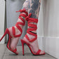 Red Suede Stiletto Heels with Wraparound Straps & Gold O-Rings