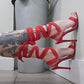 Red Suede Stiletto Heels with Wraparound Straps & Gold O-Rings