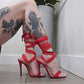 Red Suede Stiletto Heels with Wraparound Straps & Gold O-Rings