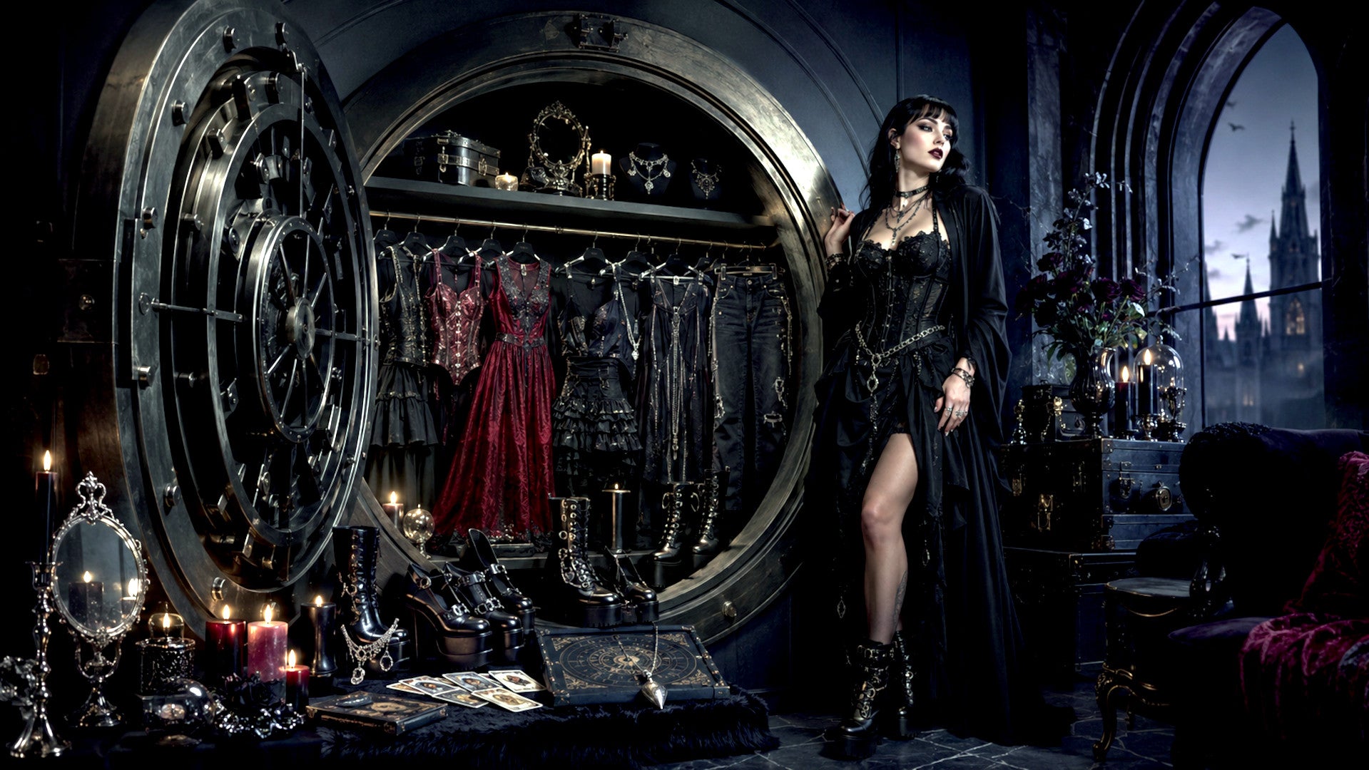 Woman in a dark, gothic-style room with a large vault door.