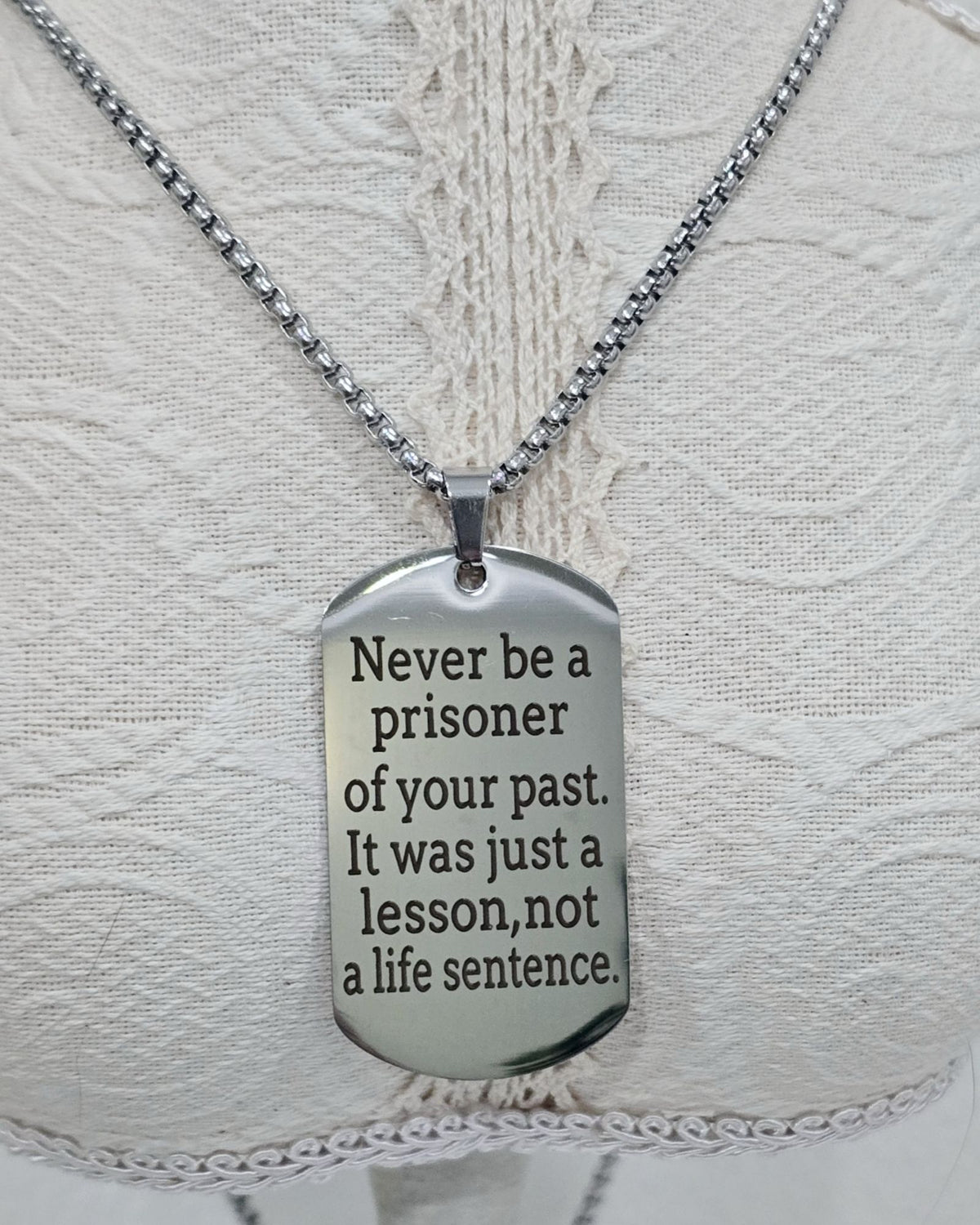 Inspirational Mantra Dog Tag Necklace Stainless Steel Quote Pendant 20"