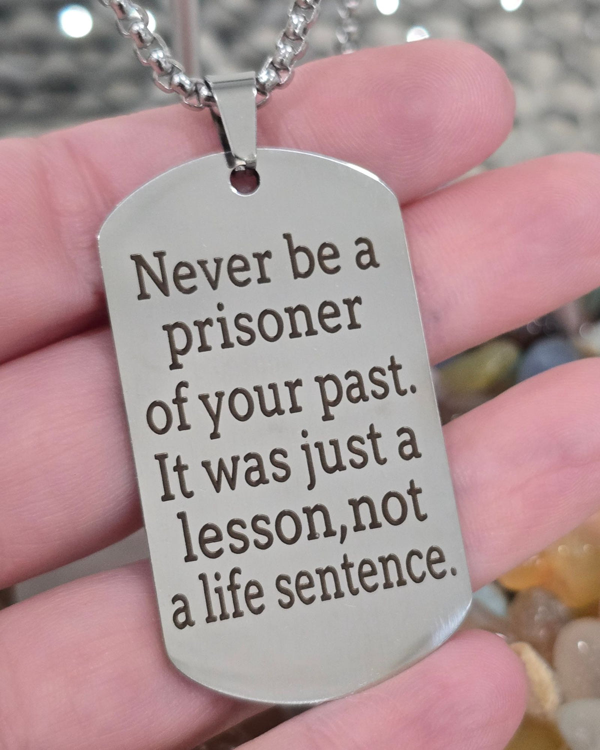 Inspirational Mantra Dog Tag Necklace Stainless Steel Quote Pendant 20"