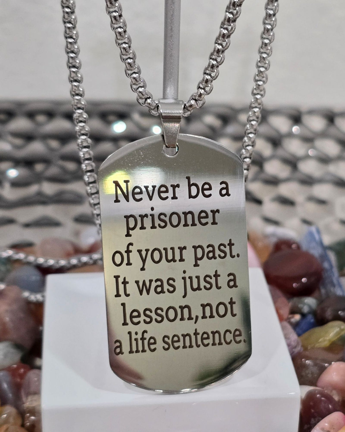 Inspirational Mantra Dog Tag Necklace Stainless Steel Quote Pendant 20"