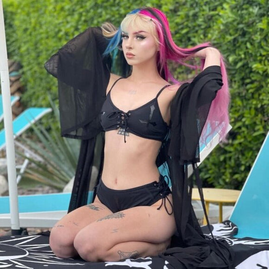 Killstar Xandria Black-on-Black Cross Lace-Up Side-Tie Bikini