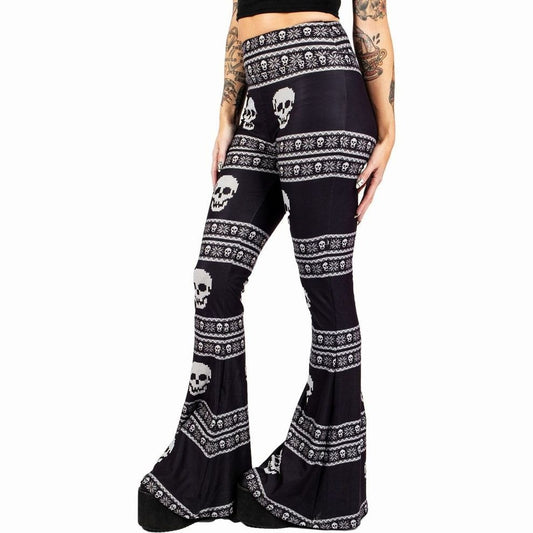 Knit Skull Pattern Hellz Bellz Flared Pants Black & White Gothic