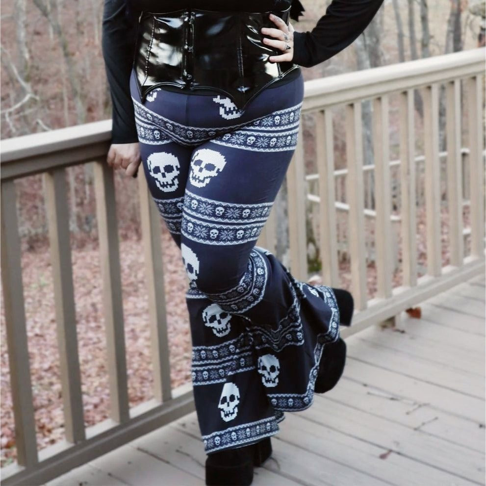 Knit Skull Pattern Hellz Bellz Flared Pants Black & White Gothic