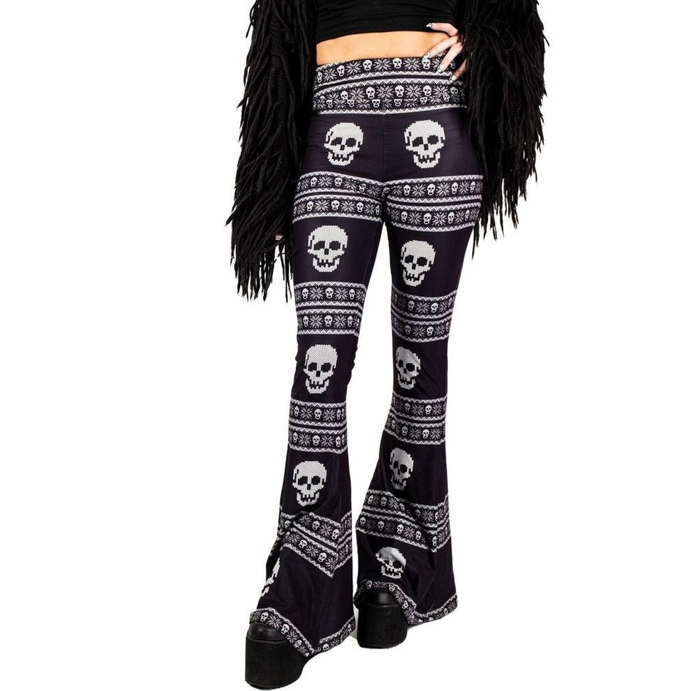 Knit Skull Pattern Hellz Bellz Flared Pants Black & White Gothic