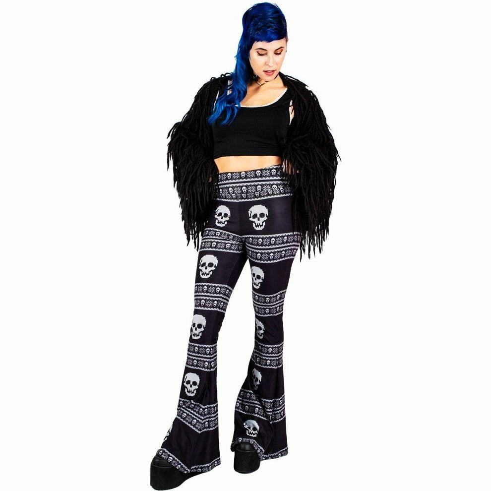 Knit Skull Pattern Hellz Bellz Flared Pants Black & White Gothic