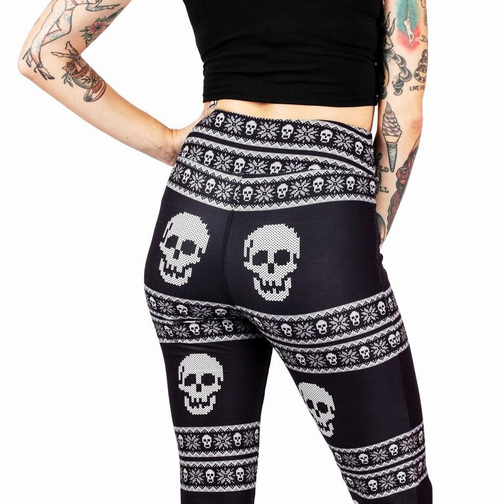 Knit Skull Pattern Hellz Bellz Flared Pants Black & White Gothic