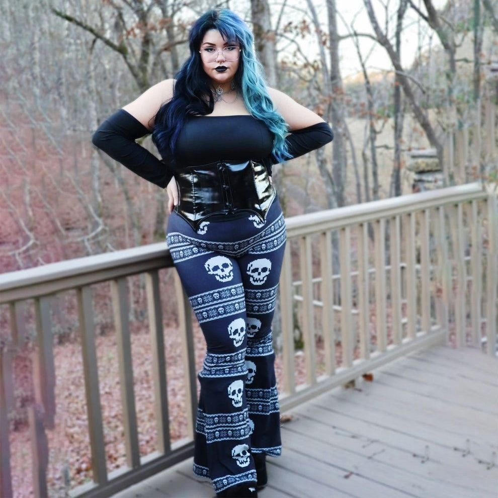 Knit Skull Pattern Hellz Bellz Flared Pants Black & White Gothic