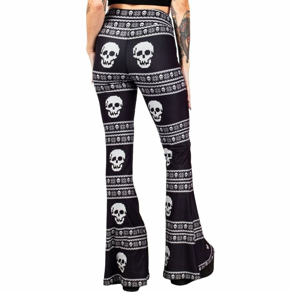 Knit Skull Pattern Hellz Bellz Flared Pants Black & White Gothic