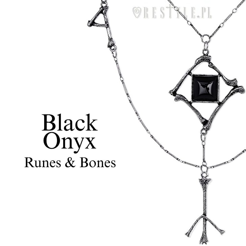 Runes & Bones Pendant Necklace Gothic ✦ Black Onyx ✦ Skeletal Silver