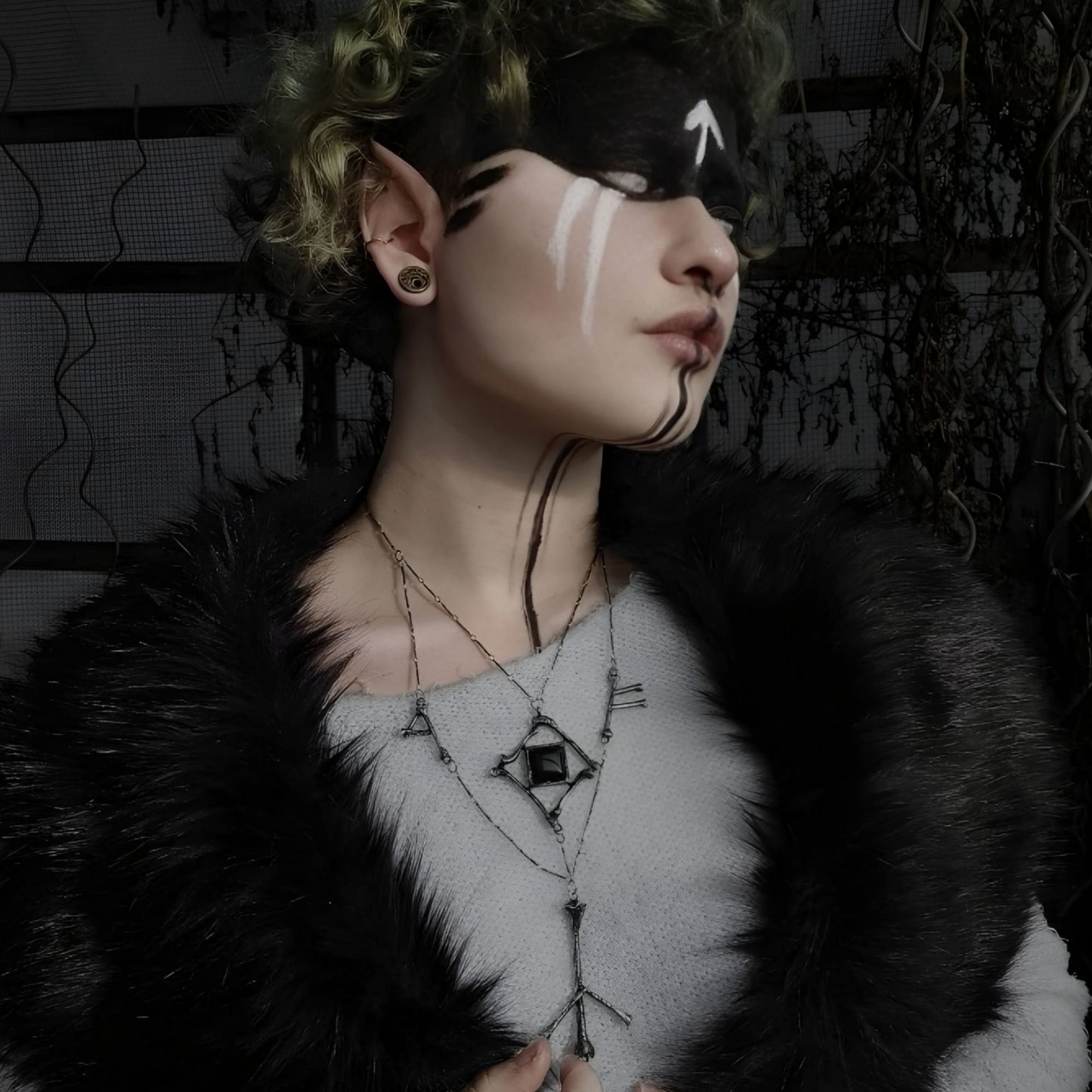 Runes & Bones Pendant Necklace Gothic ✦ Black Onyx ✦ Skeletal Silver