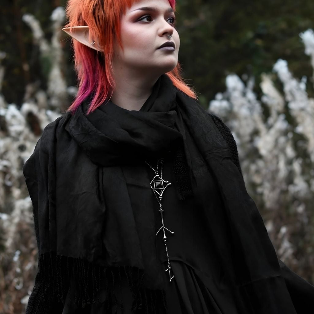 Runes & Bones Pendant Necklace Gothic ✦ Black Onyx ✦ Skeletal Silver