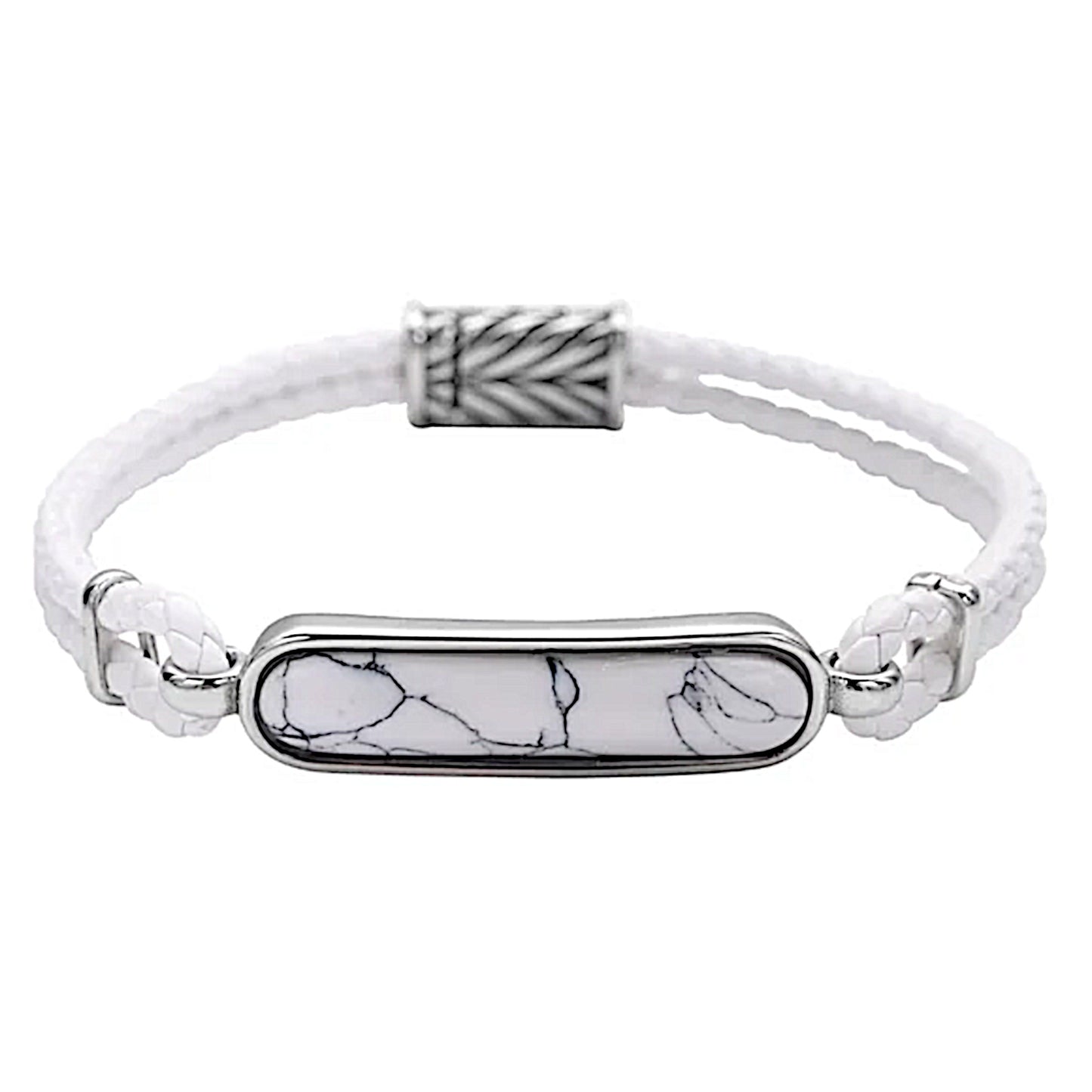 White Howlite Men's Bracelet | Genuine Leather Magnetic Clasp Stainless 8" - A Gothic Universe - Bracelets
