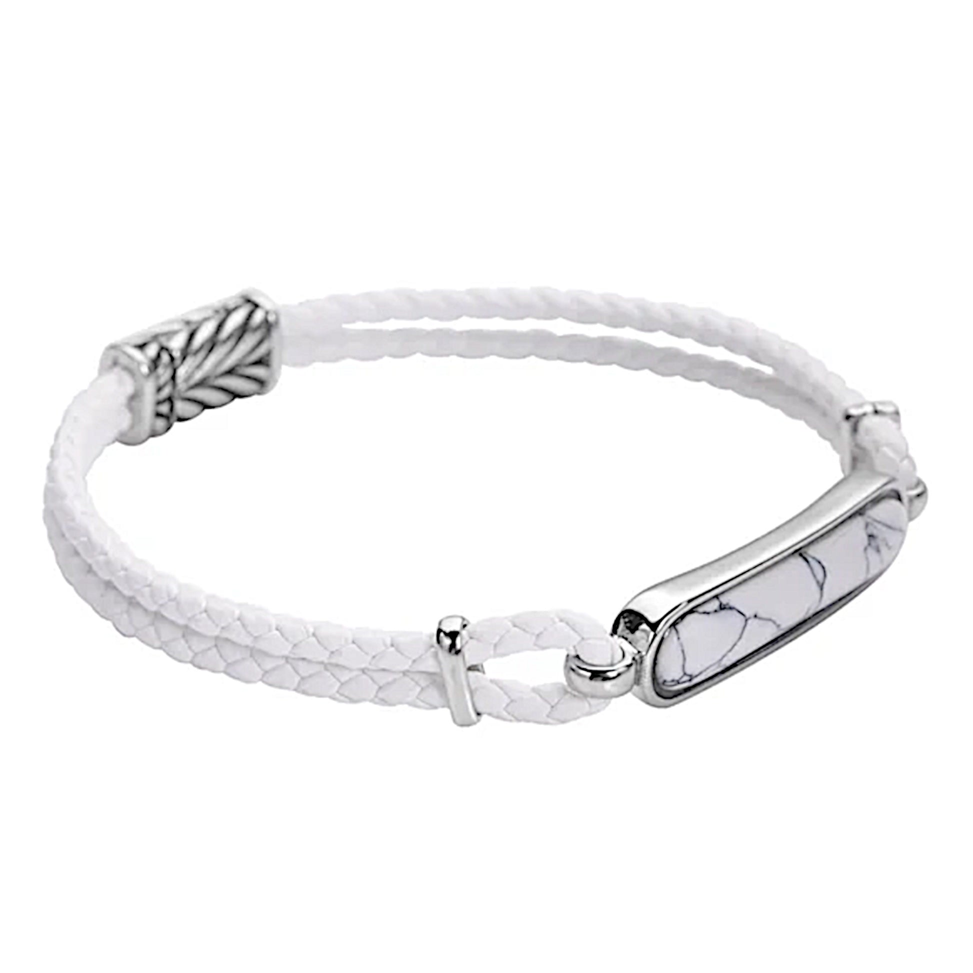 White Howlite Men's Bracelet | Genuine Leather Magnetic Clasp Stainless 8" - A Gothic Universe - Bracelets