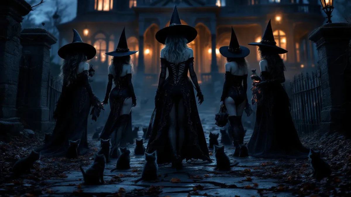 Witches in dark outfits and hats gathered in a spooky, foggy setting.