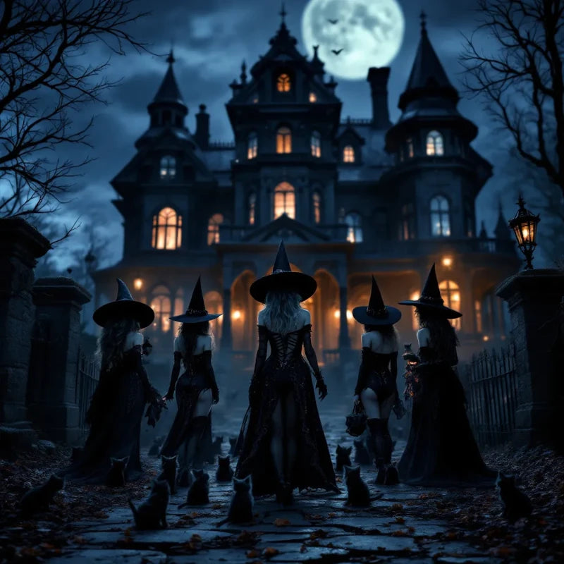 Spooky Halloween scene with witches and a haunted house under a full moon.