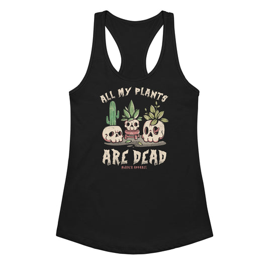 Black tank top with skull and plant design on a white background