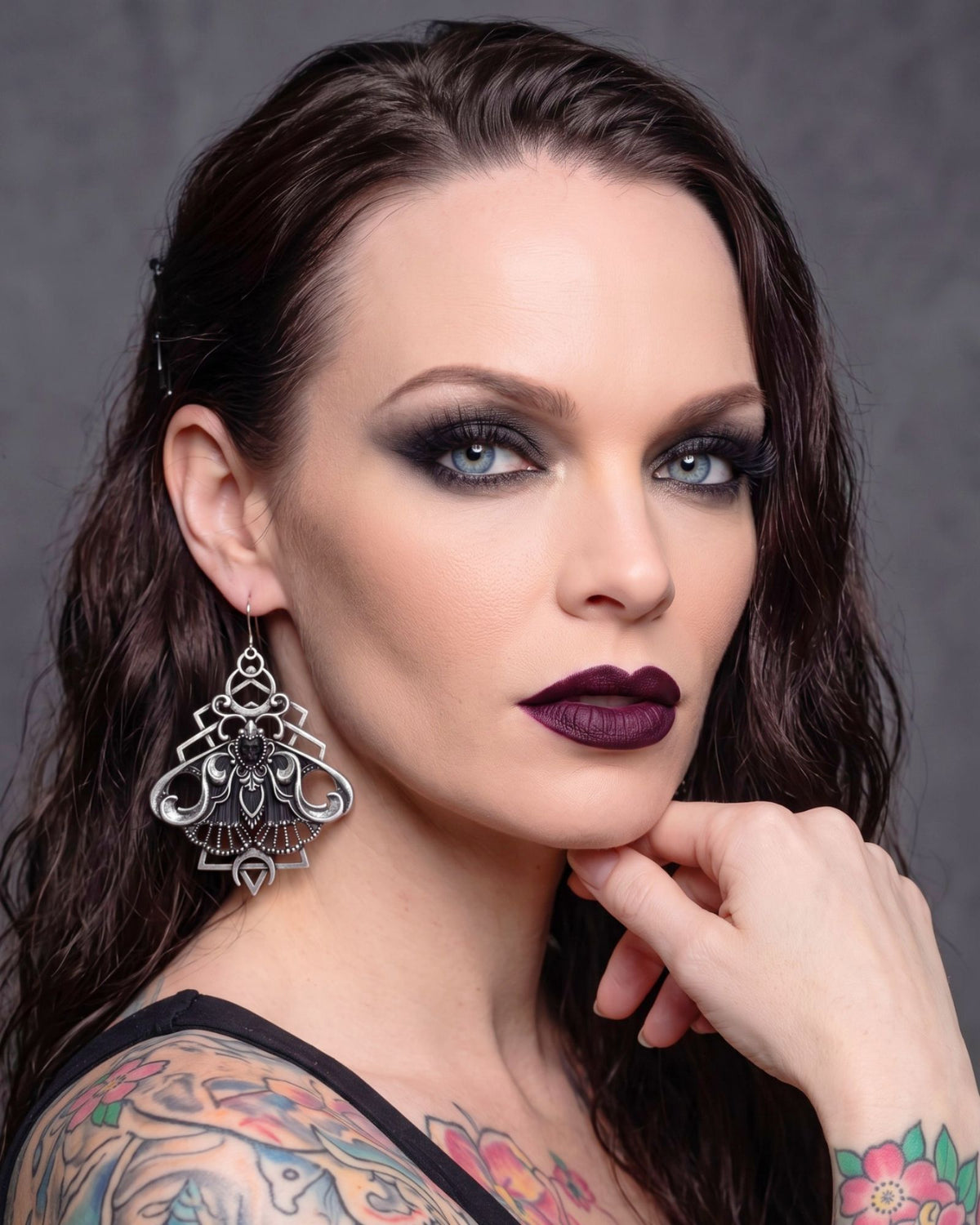 Killstar Nightfly Silver Gothic Death Moth Skull Crescent Moon Hook Earrings