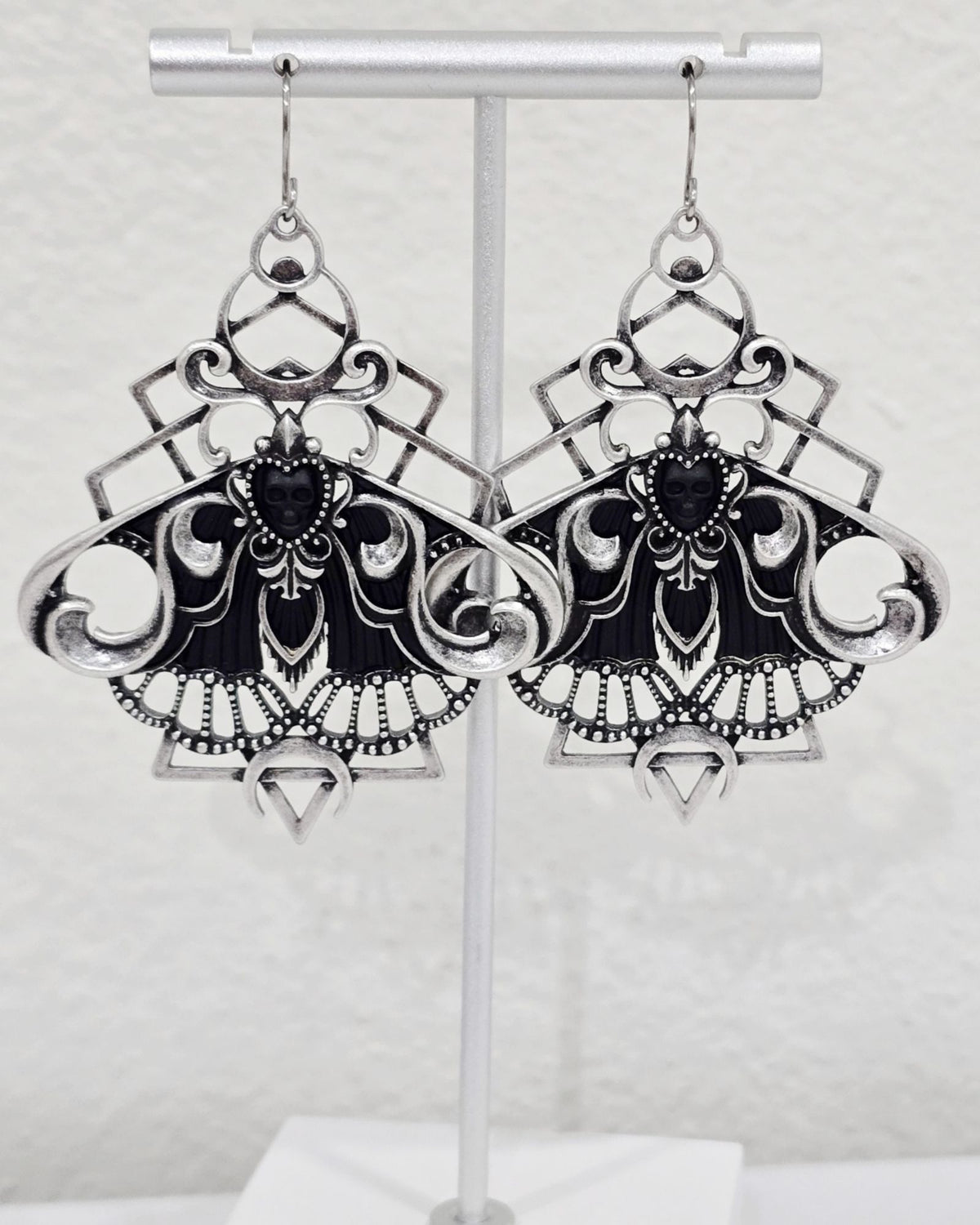 Killstar Nightfly Silver Gothic Death Moth Skull Crescent Moon Hook Earrings