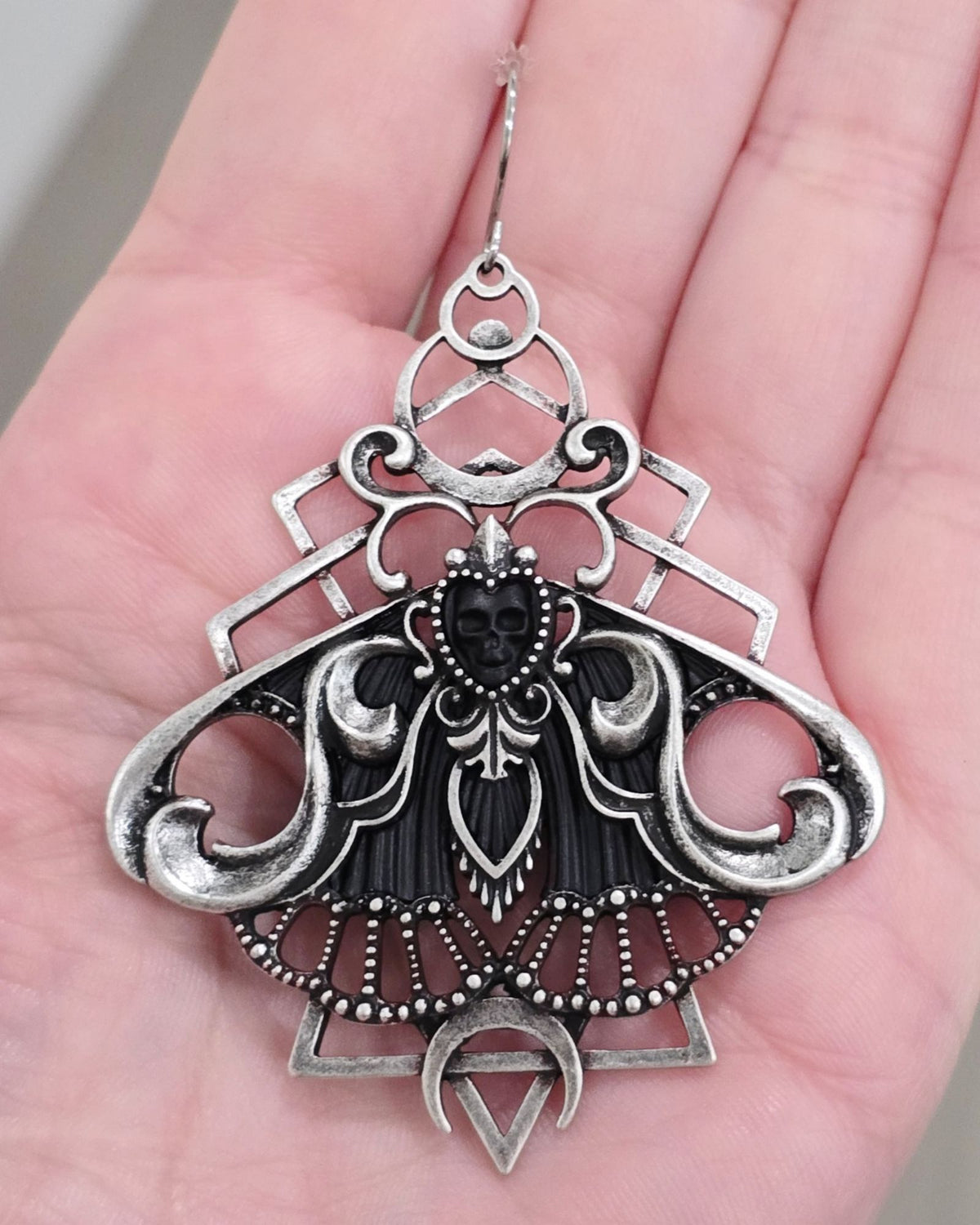 Killstar Nightfly Silver Gothic Death Moth Skull Crescent Moon Hook Earrings