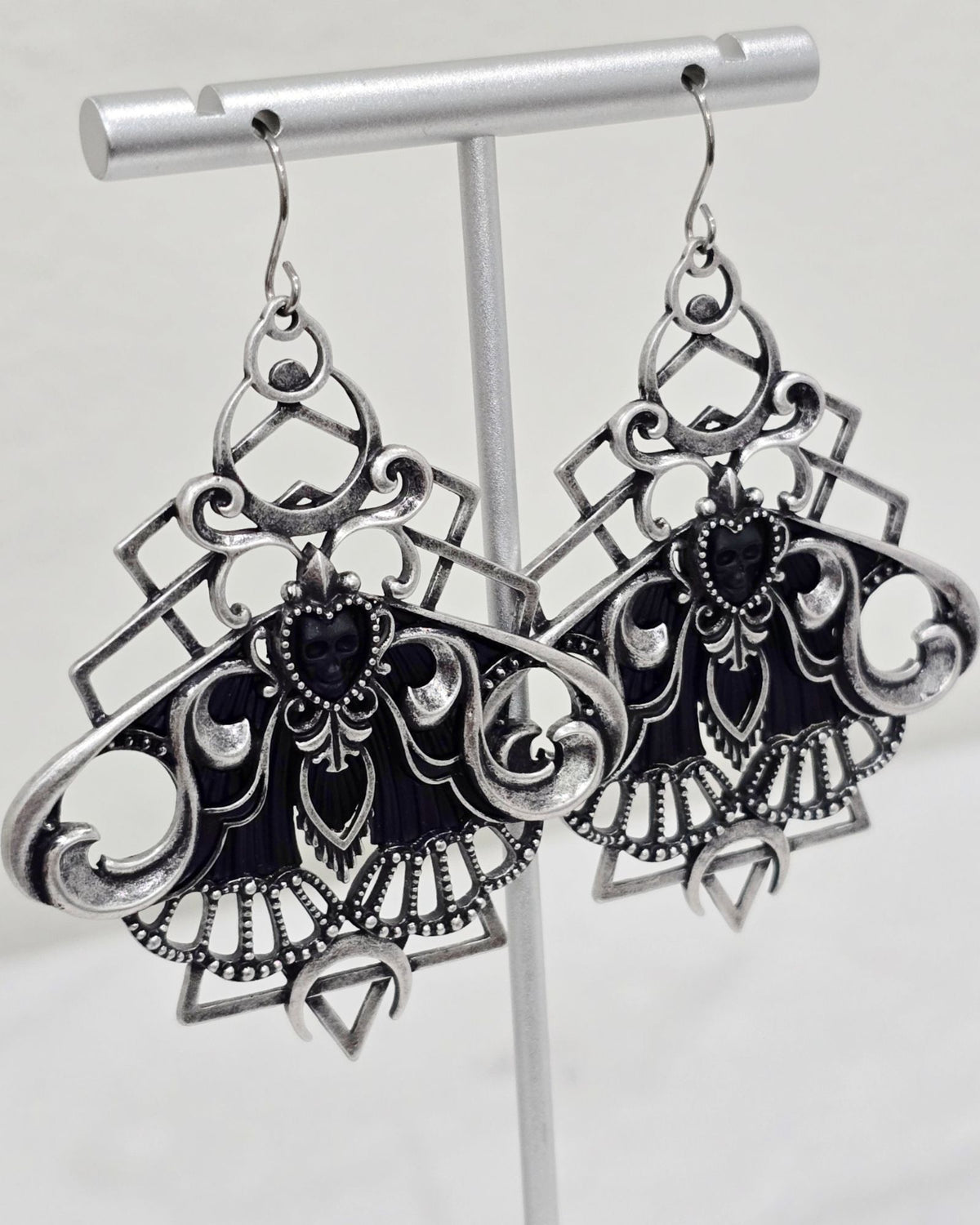 Killstar Nightfly Silver Gothic Death Moth Skull Crescent Moon Hook Earrings
