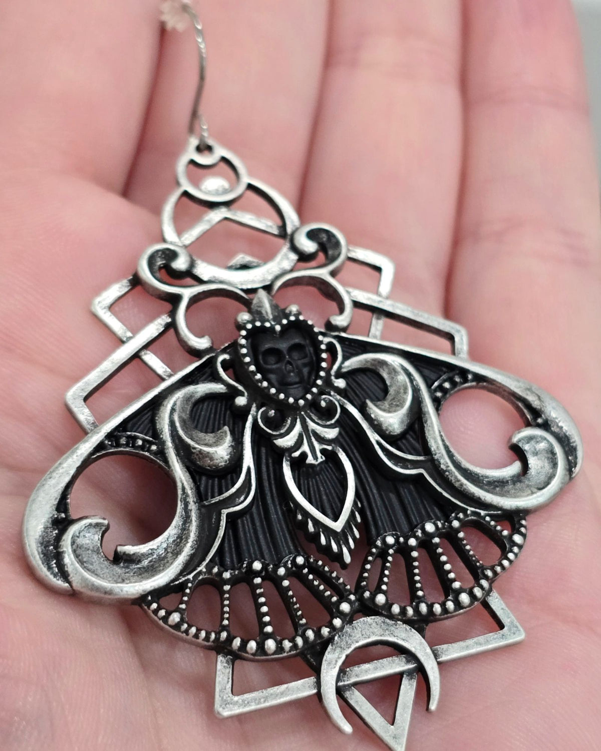 Killstar Nightfly Silver Gothic Death Moth Skull Crescent Moon Hook Earrings