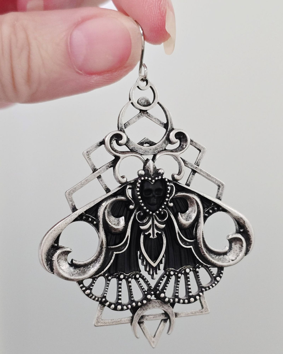 Killstar Nightfly Silver Gothic Death Moth Skull Crescent Moon Hook Earrings