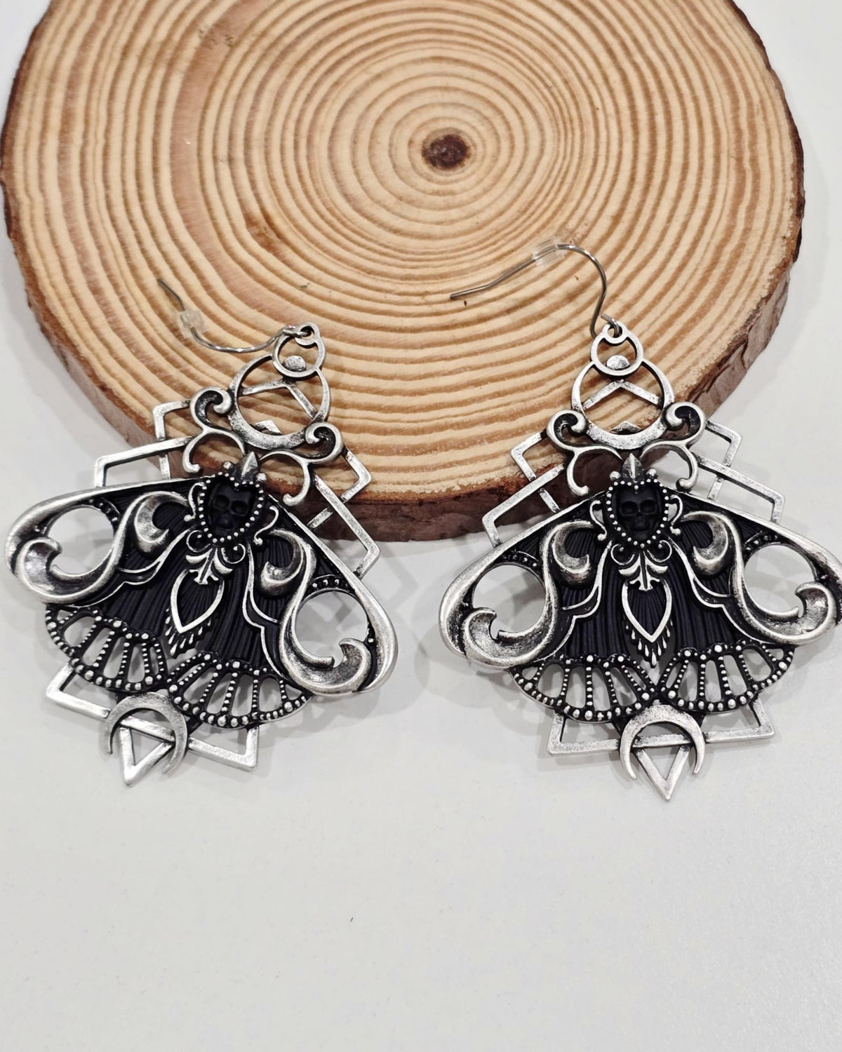 Killstar Nightfly Silver Gothic Death Moth Skull Crescent Moon Hook Earrings