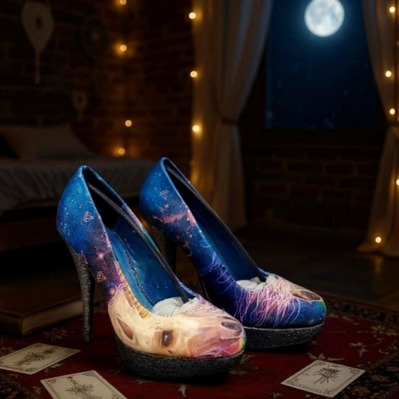 Unicorn Platform Heels with Glitter Sole & Graphic Faux Leather